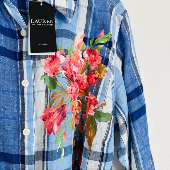 New Ralph Lauren Floral & Plaid Lightweight Linen Button Down Shirtdress Midi - Picture 13 of 15